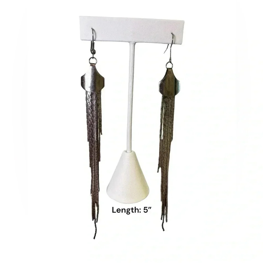 5” Stands Silver Long Dangle Drop Tassel Earrings - Sleek Chain Wedding Jewelry